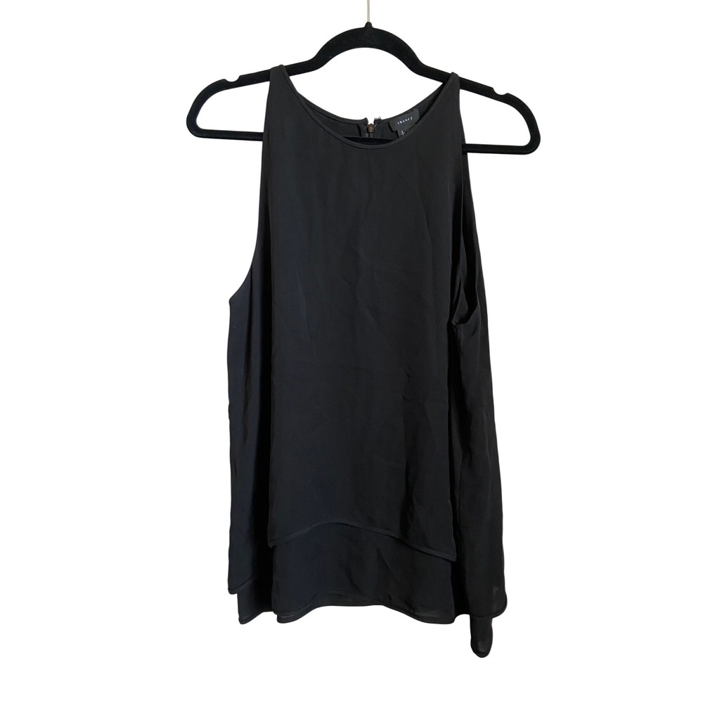 Theory Black 100% Silk Lyalka Tiered Sleeveless Blouse Top Large